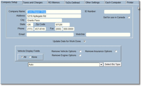 Repair order setup screen